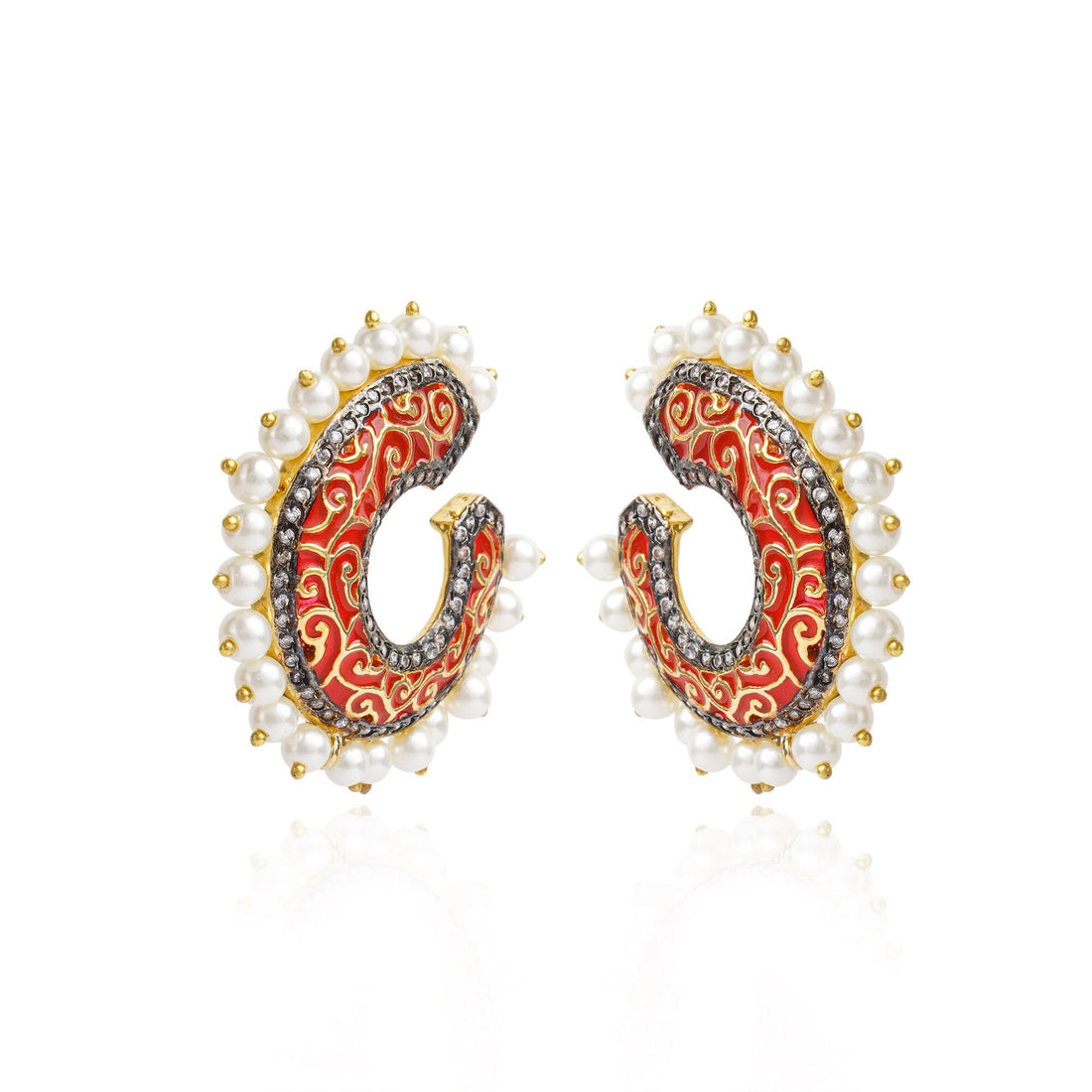 Red Enamel Kundan Earrings | 22K Gold Plated Pearl Hoops | Handcrafted Jaipur Jewelry | Elegant Indian Statement Earrings for Women — 5