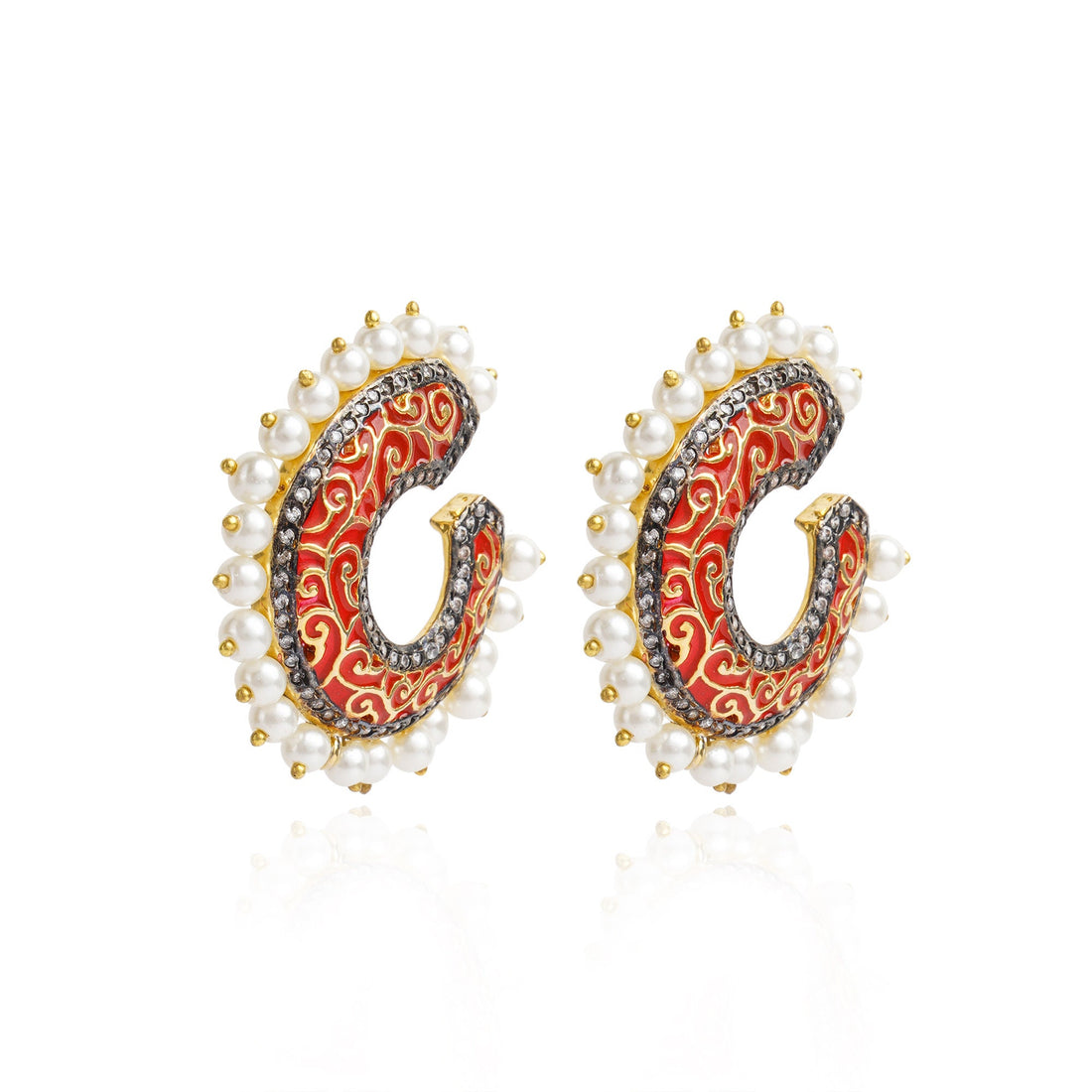 Red Enamel Kundan Earrings | 22K Gold Plated Pearl Hoops | Handcrafted Jaipur Jewelry | Elegant Indian Statement Earrings for Women — 4