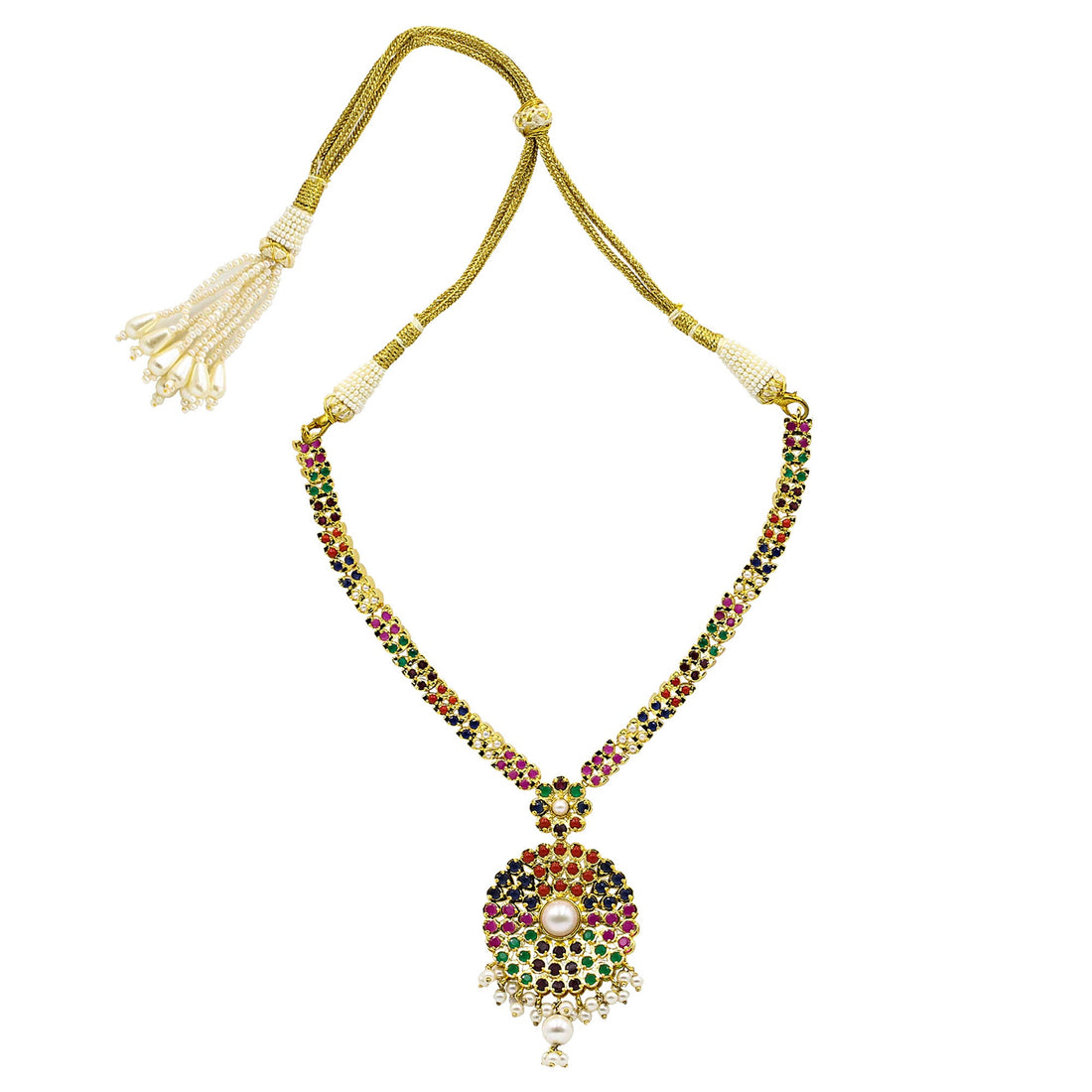 South Indian Sapphire Necklace | 22K Gold Plated Navratna Bridal Jewelry | Traditional Wedding Statement Necklace | Gift For Her — 3