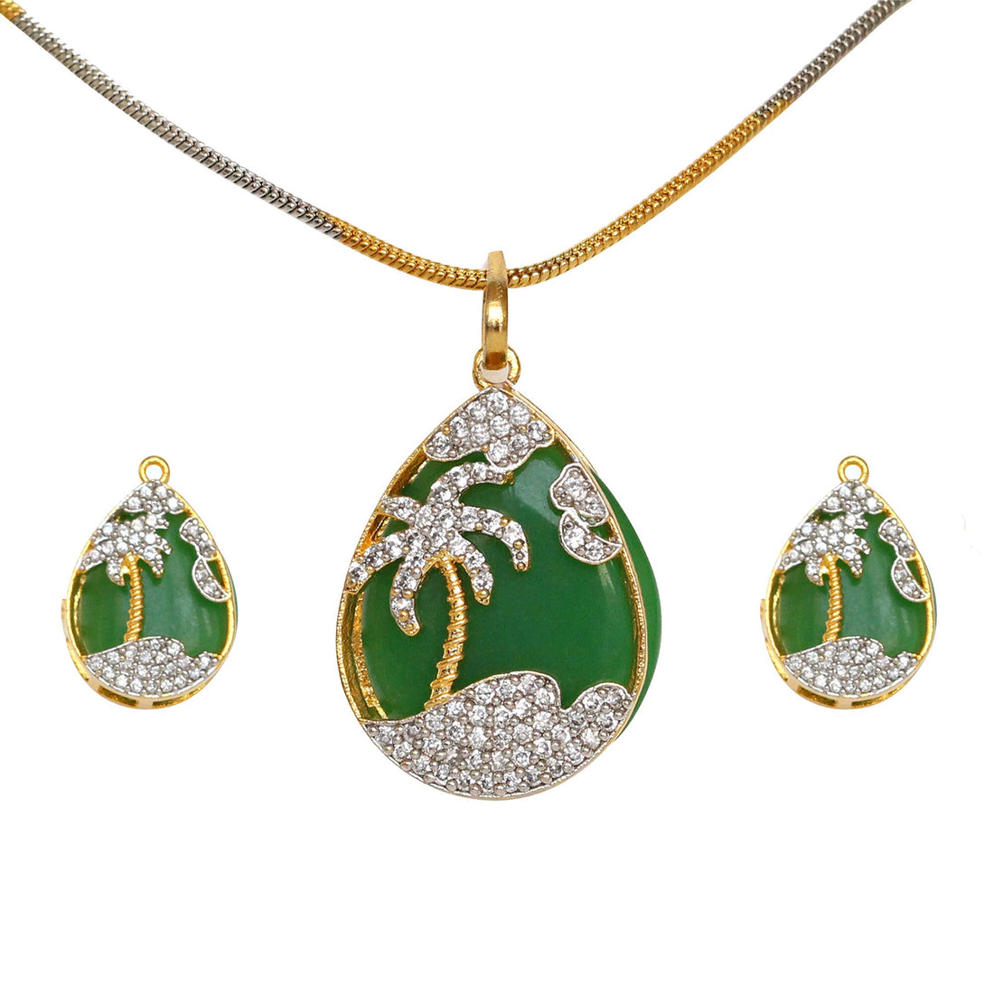 Green Onyx Palm Tree Locket: CZ 22k Gold Plated Pendant