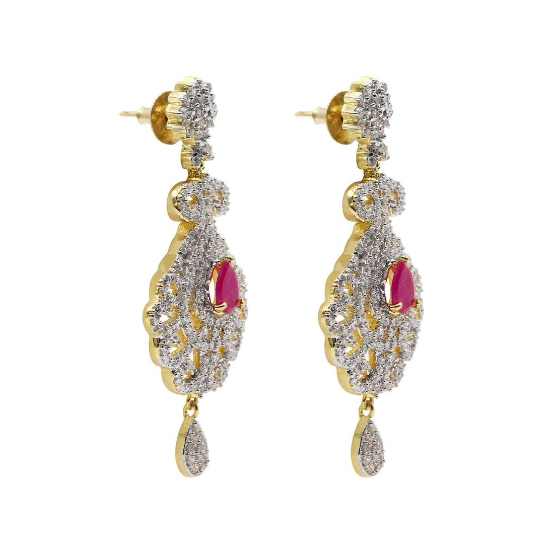 22K Yellow Gold Plated Diamond Ruby Necklace Set with Earrings | Designer Elegant Bridal Wedding Statement Jewelry | Gift for Women — 5