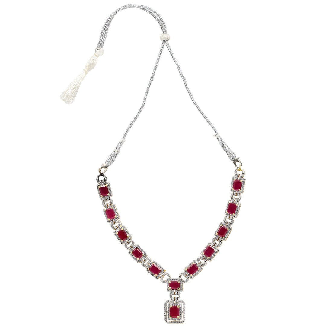 22K Gold Plated Premium Ruby Y Necklace | Handmade Red Stone Statement Jewelry | Elegant Diamond Necklace for Women | Bridal Gift — 4