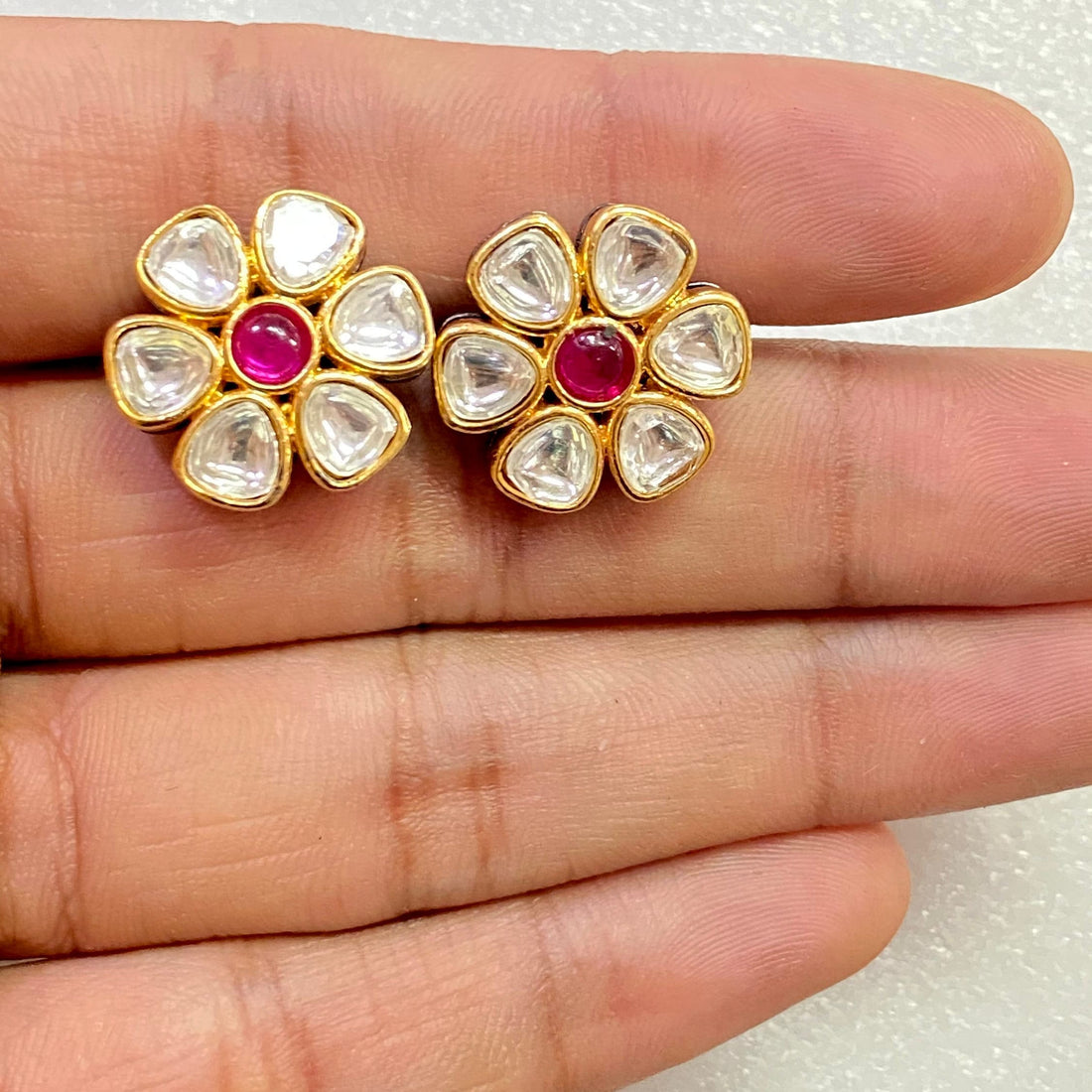 Handmade Flower Polki Studs Earrings: 22k Gold Plated Kundan Jewelry | Gift For Her