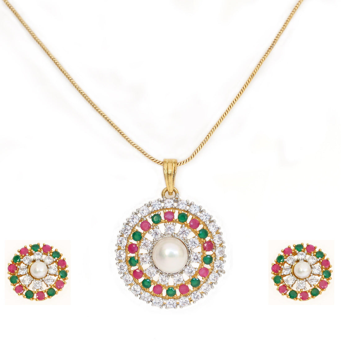 Gold Plated Ruby CZ Pendant Locket & Earrings: Water Pearl Centerpiece — 3