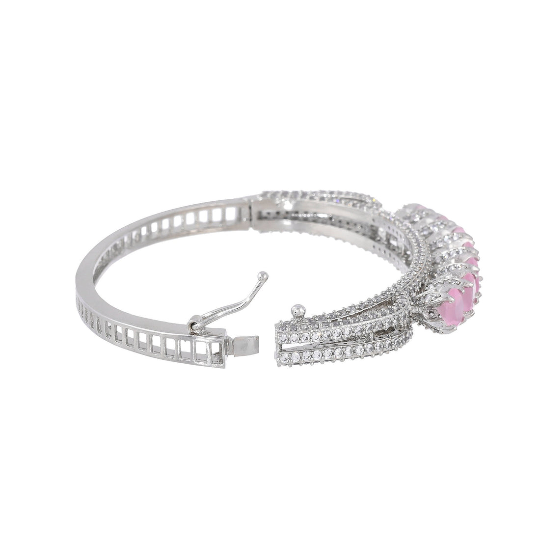 Rose Quartz CZ Bracelet 14k White Gold Plated Cuff | Rose Quartz Hydro Handmade Cuff | Brass Bracelet | Bracelet For Women | Gift For Her — 3