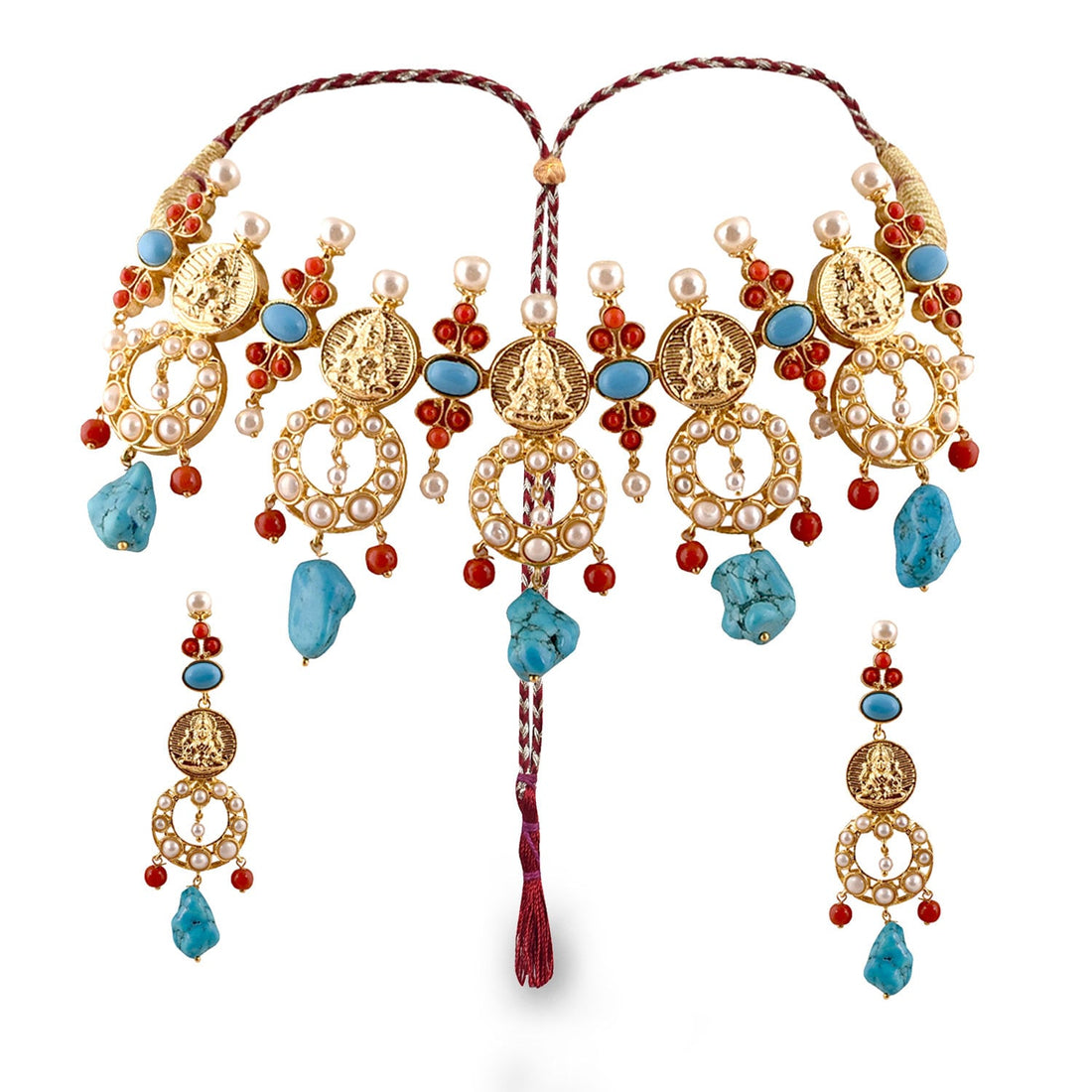 Turquoise Lakshmi Choker Necklace Set |Gold Plated Temple Jewelry | Traditional South Indian Bridal Necklace | Wedding Jewelry|Gift for Her — 2