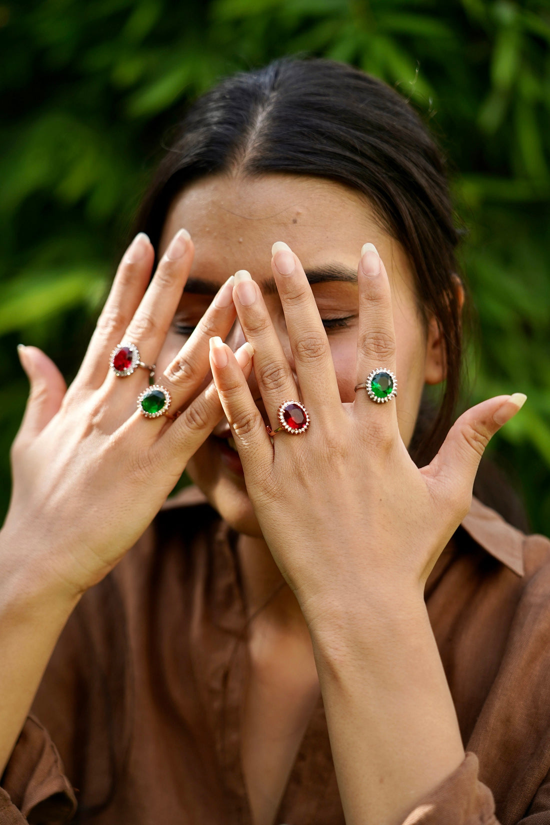 Ruby Emerald Oval Stone Ring | Adjustable Gold Plated Crystal Ring | Big Statement Cocktail Ring | Engagement Wedding Ring | Bridal Ring — 3