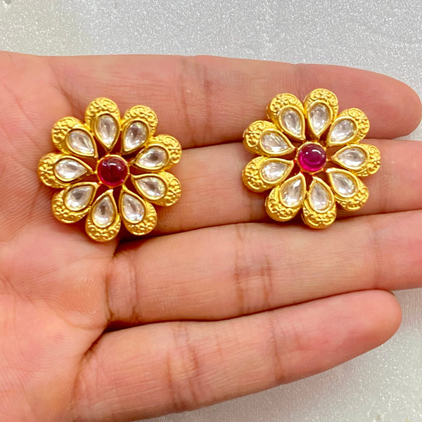 Gold Plated Kundan Polki Flower Stud Earrings