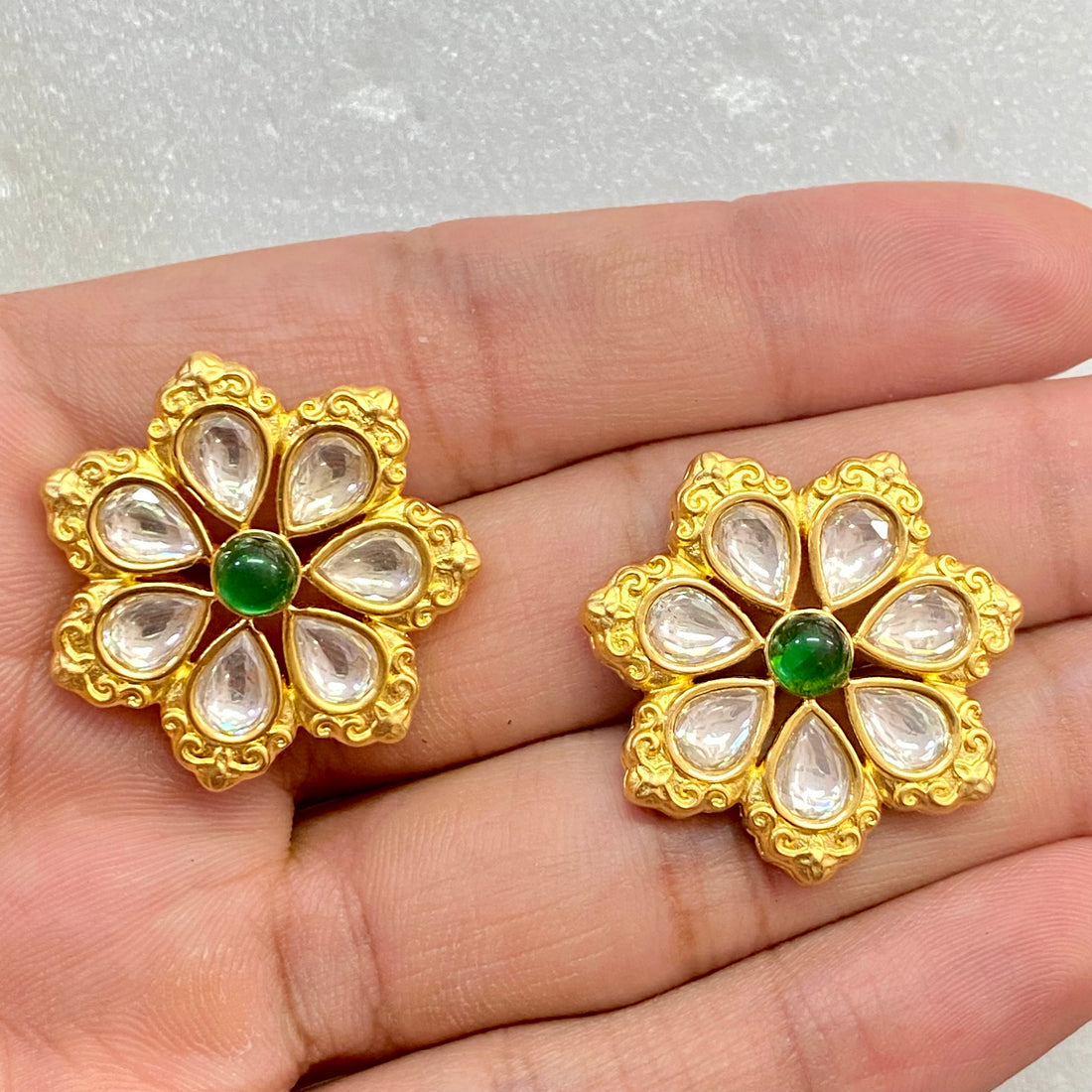 Gold Plated Kundan Polki Flower Stud Earrings — 3