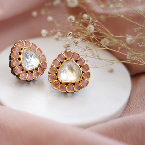 22K Gold Plated Polki Kundan Stud Earrings | Rose Quartz Pink Earrings | Indian Bridal Wedding Jewelry | Minimal Ethnic Studs | Gift for Her