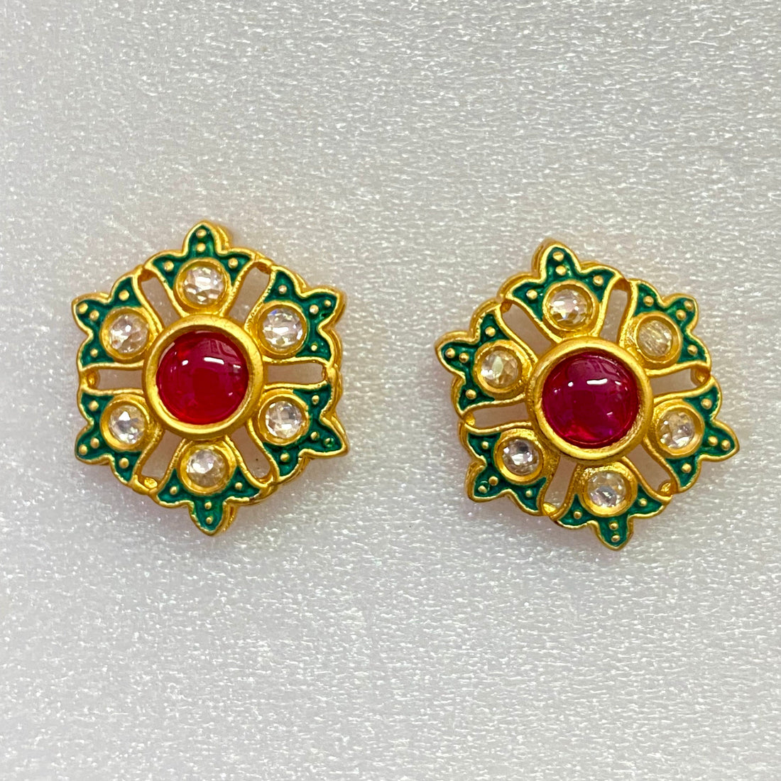 Gold Ruby Polki Stud Earrings: Kundan Meena Traditional Jewelry — 2