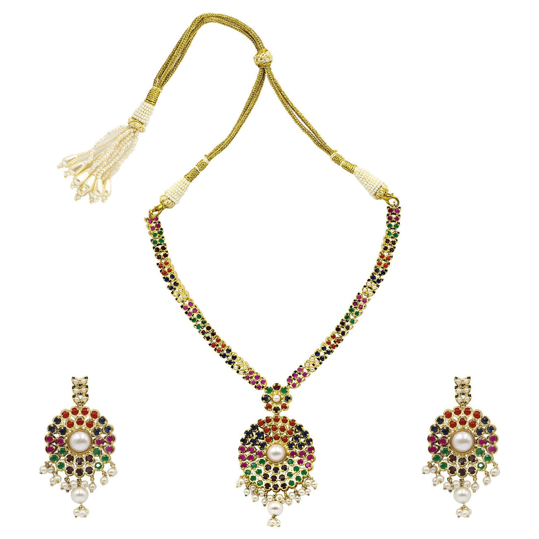 South Indian Sapphire Necklace | 22K Gold Plated Navratna Bridal Jewelry | Traditional Wedding Statement Necklace | Gift For Her — 2