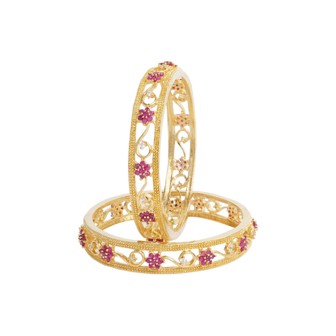 22K Gold Plated Floral Bangles | Ruby Pink CZ Stone Bracelet Set | Handmade Indian Jewelry | Indian Wedding Jewelry | Gold Bangles