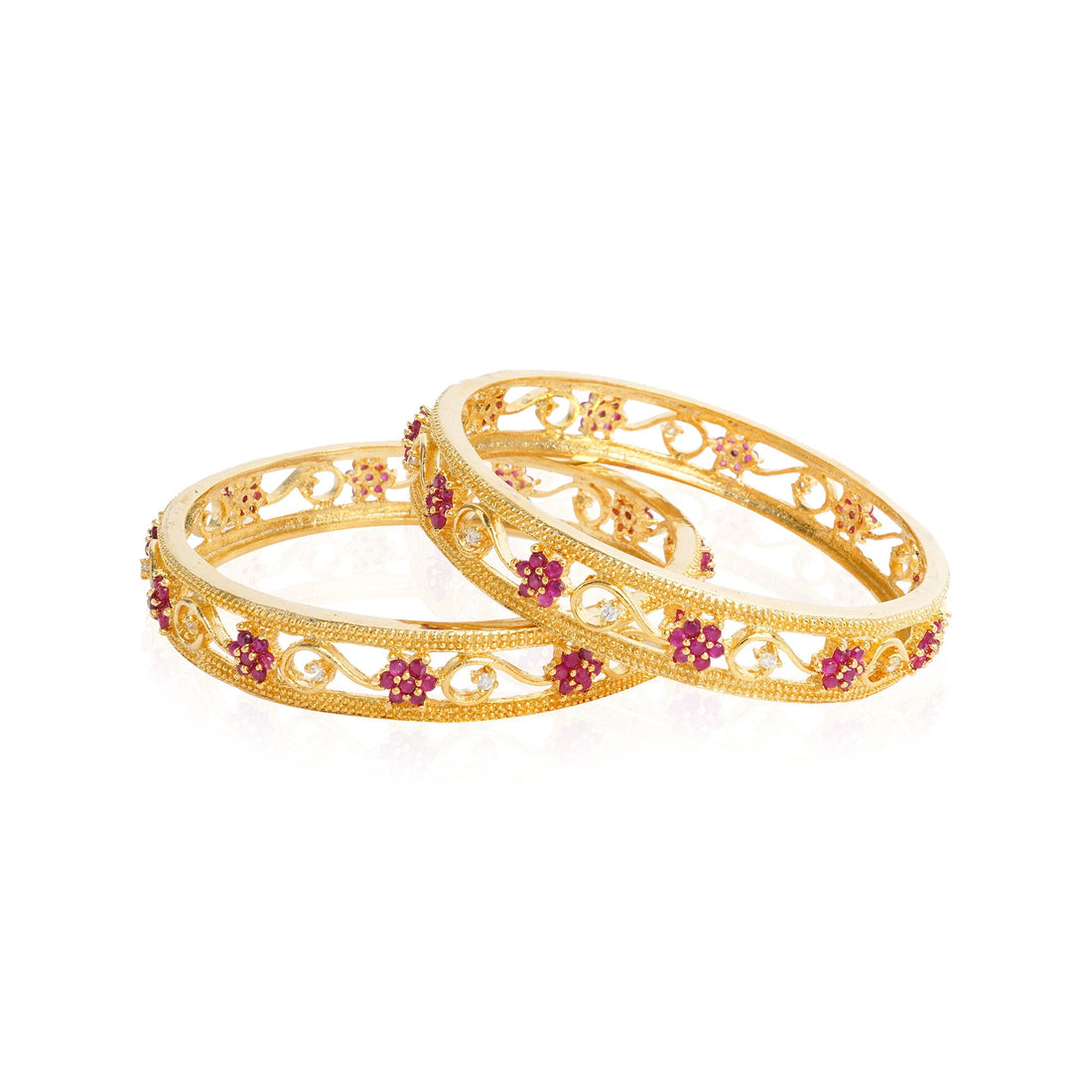 22K Gold Plated Floral Bangles | Ruby Pink CZ Stone Bracelet Set | Handmade Indian Jewelry | Indian Wedding Jewelry | Gold Bangles — 2