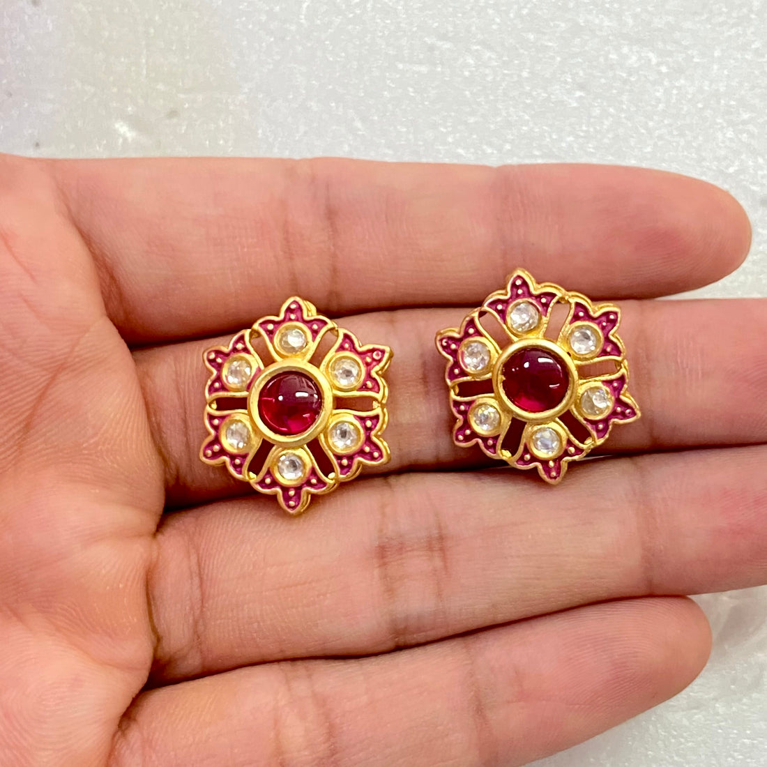 Gold Ruby Polki Stud Earrings: Kundan Meena Traditional Jewelry