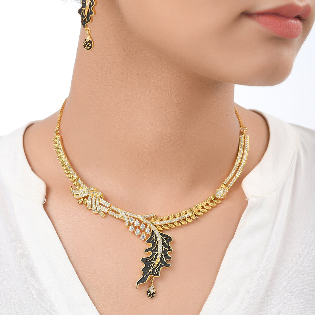 CZ Necklace Set | 22K Yellow Gold Plated AAA Cubic Zirconia Jewelry | Elegant Bridal Party Wear Necklace | Gift For Women — 2