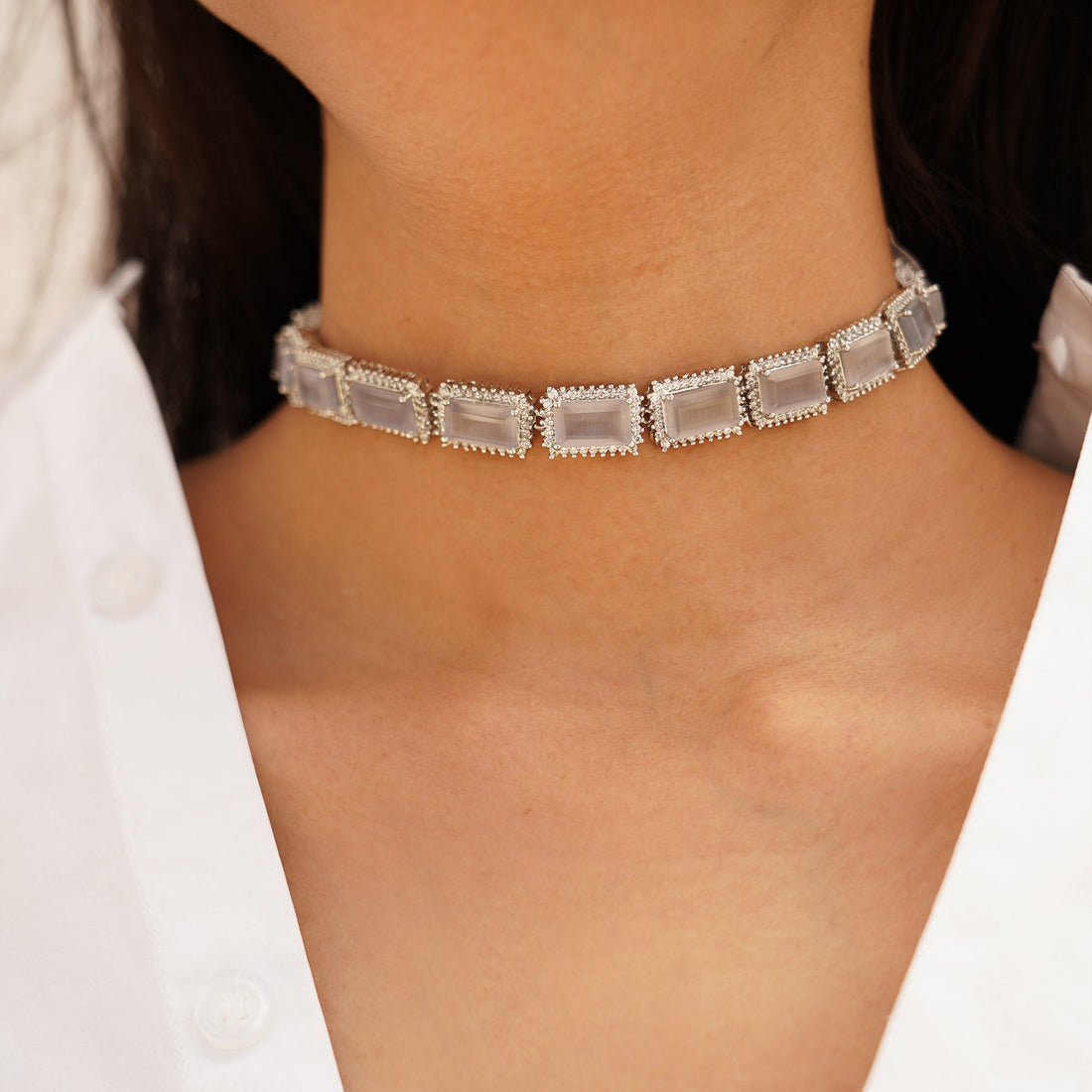 Silver Moonstone Necklace Set | Dainty CZ Bridal Jewelry | Geometric Statement Necklace & Earrings | Wedding Gift for Her | Handmade — 7