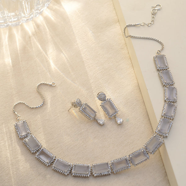 Silver Moonstone Necklace Set | Dainty CZ Bridal Jewelry | Geometric Statement Necklace & Earrings | Wedding Gift for Her | Handmade
