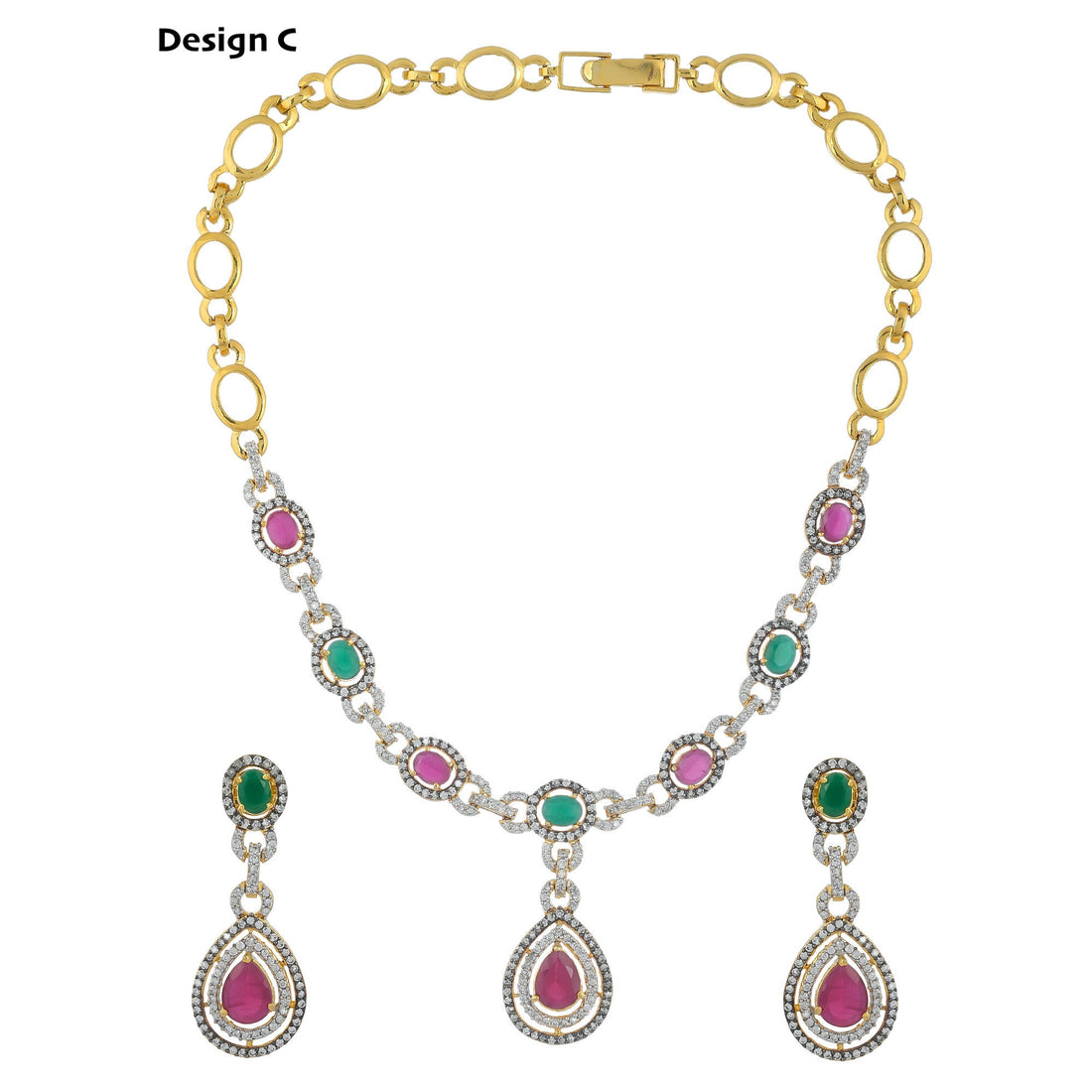 Ruby Emerald Gold Plated Necklace Set | Antique Style Bridal Wedding Jewelry | Traditional Indian CZ Necklace & Earrings Set |Gift for Women — 2