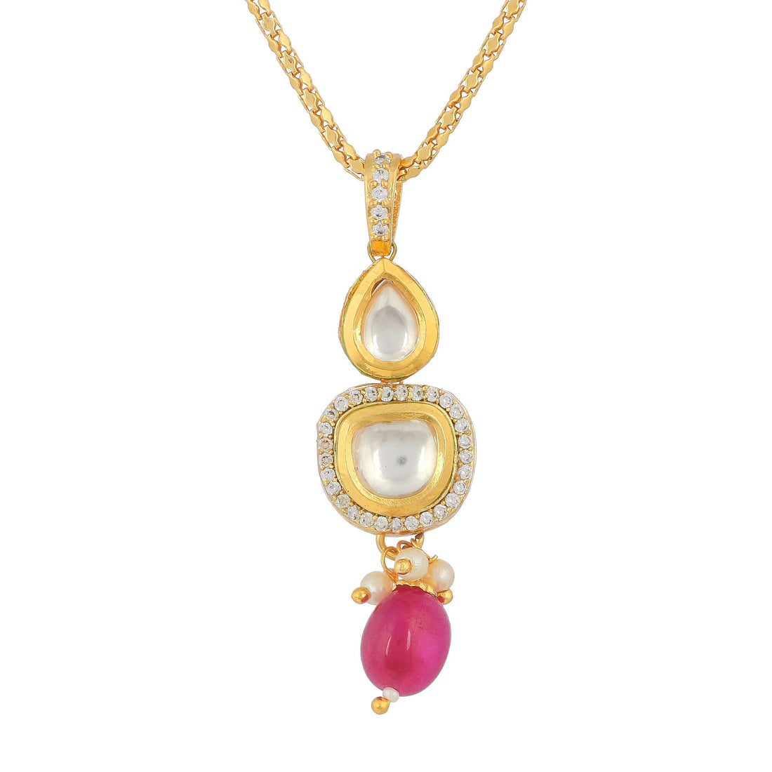 22k Gold Plated Kundan Pendant Set: Ruby & CZ Necklace — 2
