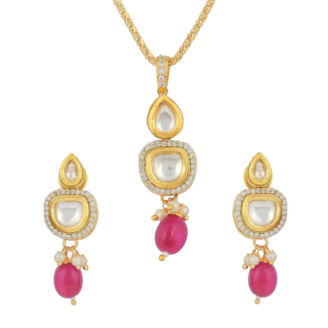 22k Gold Plated Kundan Pendant Set: Ruby & CZ Necklace