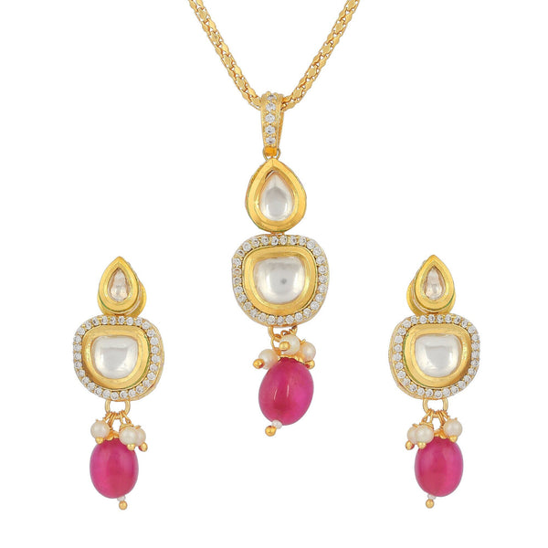 22k Gold Plated Kundan Pendant Set: Ruby & CZ Necklace