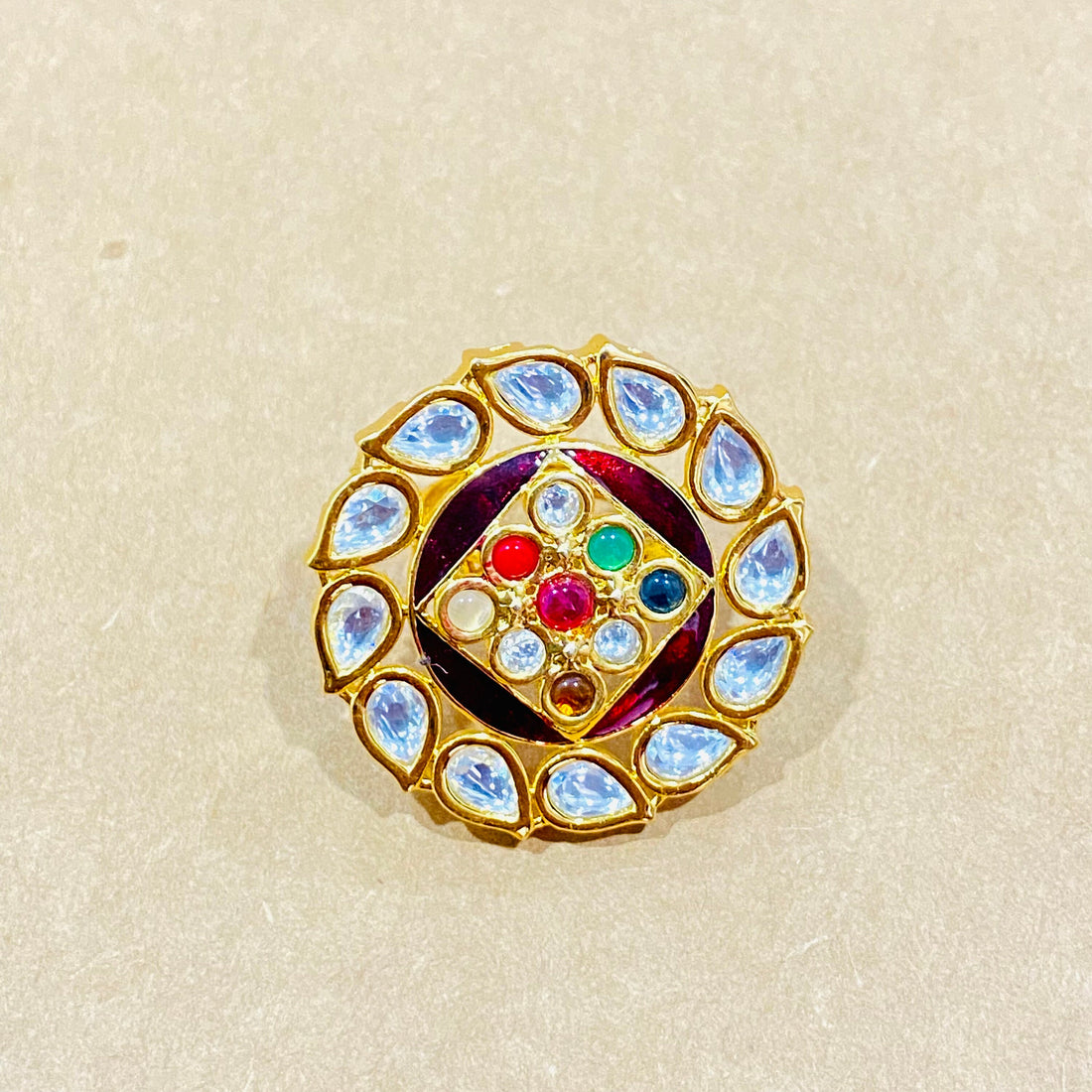 Kundan Navratna Ring: 22k Gold Plated Indian Jewelry