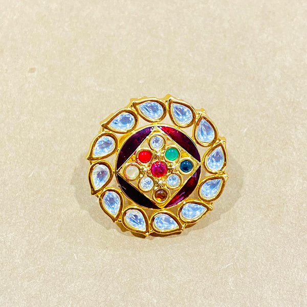 Kundan Navratna Ring: 22k Gold Plated Indian Jewelry