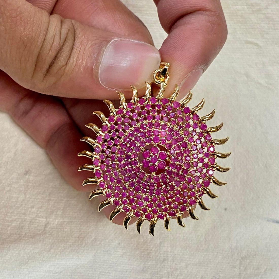 Gold Plated Sun Locket Pendant: Ruby CZ Unisex Necklace