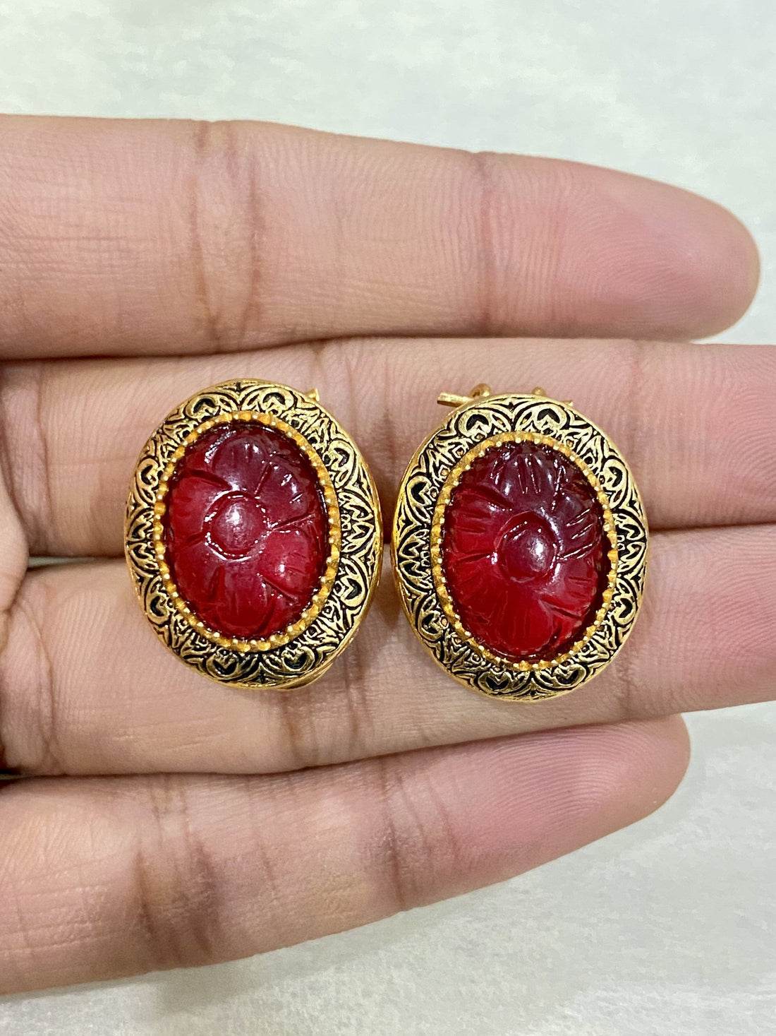 22K Gold Plated Stud Earrings | Red Flower Carving Handmade Earrings | Bridal Wedding Jewelry | Floral Ethnic Earrings | Gift for Her — 2
