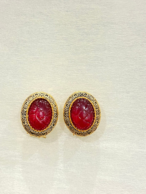 22K Gold Plated Stud Earrings | Red Flower Carving Handmade Earrings | Bridal Wedding Jewelry | Floral Ethnic Earrings | Gift for Her