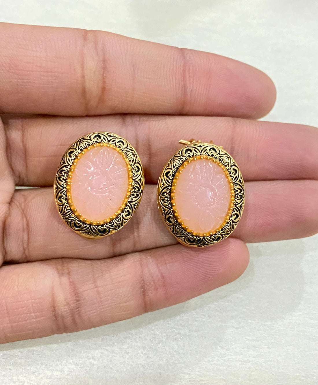 22K Gold Plated Stud Earrings | Red Flower Carving Handmade Earrings | Bridal Wedding Jewelry | Floral Ethnic Earrings | Gift for Her — 8