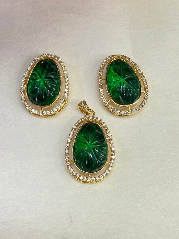 Hand Carved Emerald Stone Pendant: 22k Gold Plated Necklace