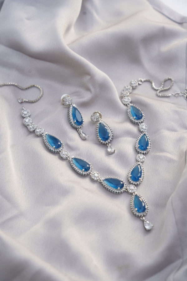 Sapphire & Cubic Zirconia Necklace Set |18K White Gold Plated Bridal Statement Jewelry |Teardrop Earring | Gift For Her |Engagement Necklace