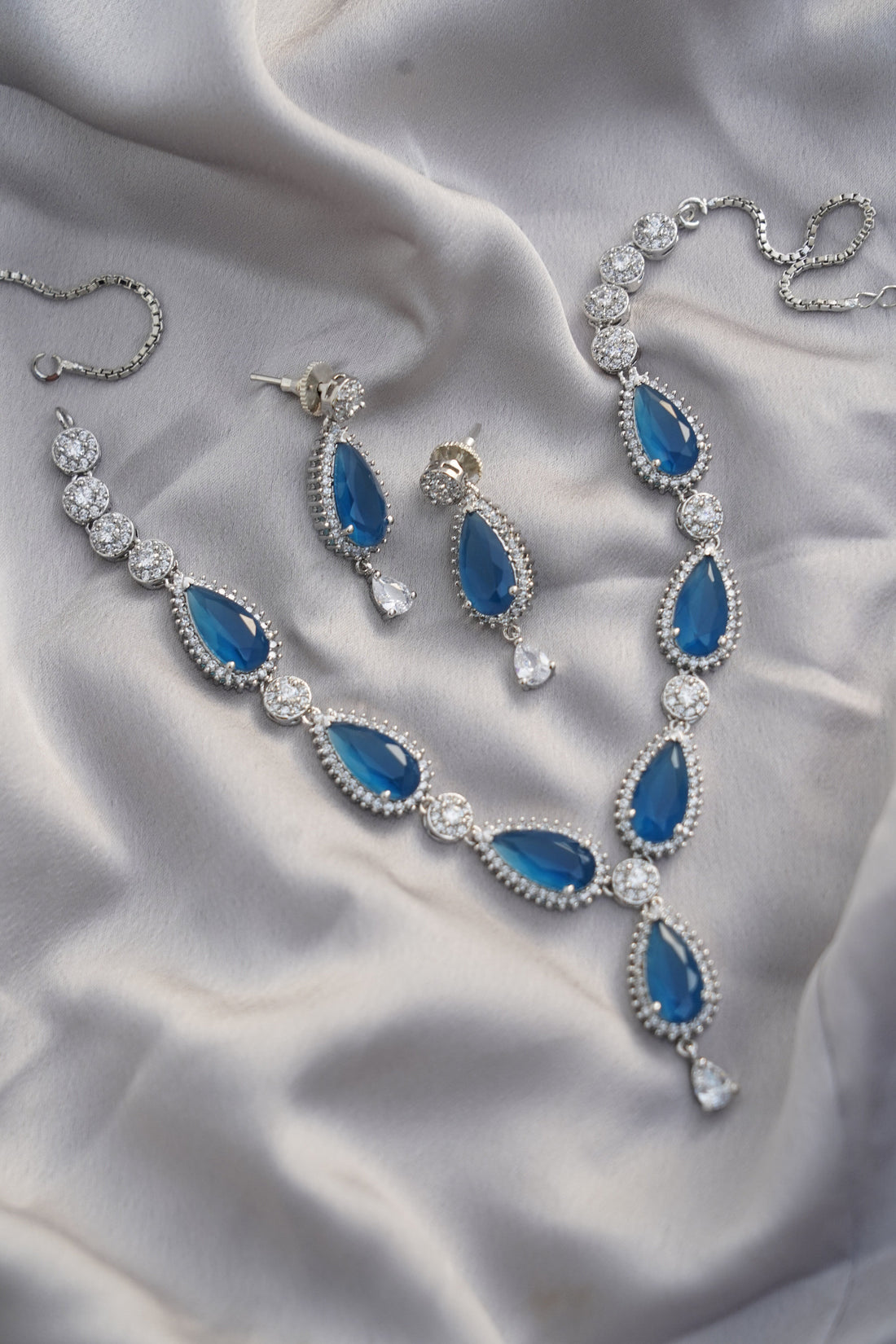 Sapphire & Cubic Zirconia Necklace Set |18K White Gold Plated Bridal Statement Jewelry |Teardrop Earring | Gift For Her |Engagement Necklace — 2