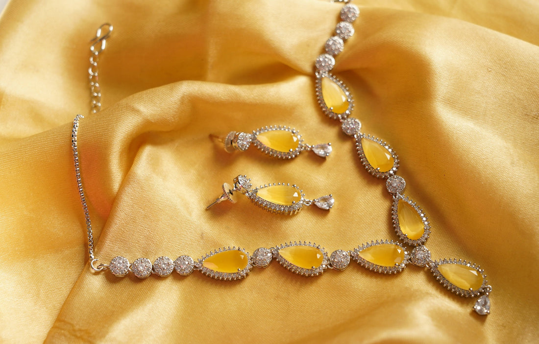Yellow Sapphire Necklace Set | 18K White Gold Plated Jewelry | Teardrop Yellow Sapphire & Cubic Zirconia Bridal Necklace with Earrings — 2