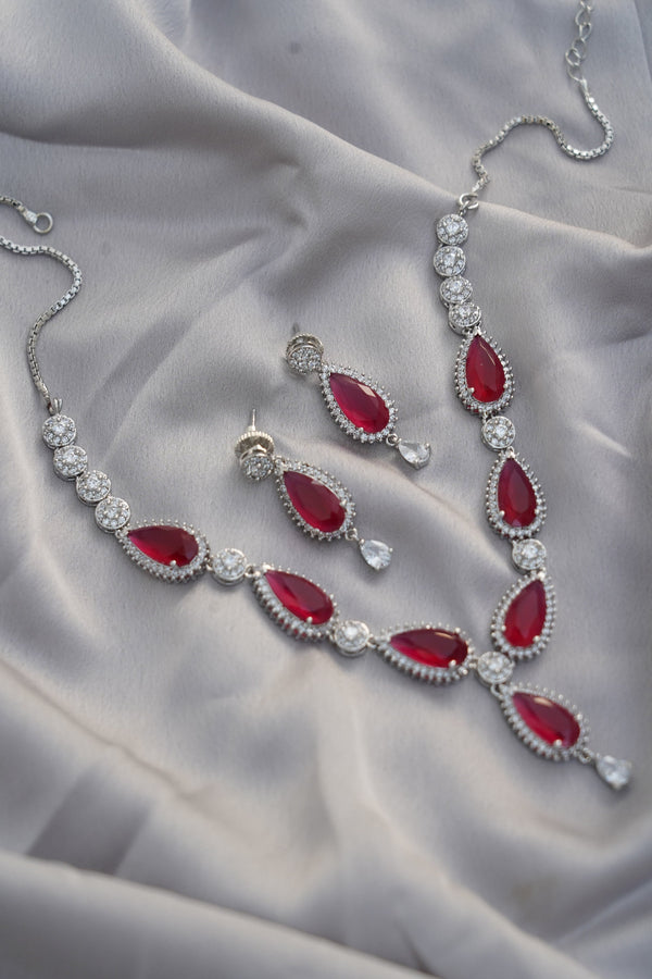 Ruby Necklace Set | 18K White Gold Plated Bridal Jewelry | Teardrop Ruby & Cubic Zirconia Necklace with Earrings | Wedding Necklace