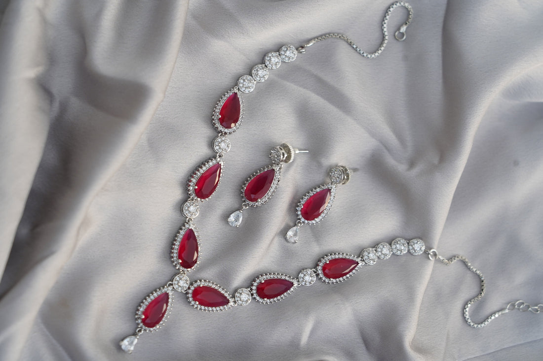 Ruby Necklace Set | 18K White Gold Plated Bridal Jewelry | Teardrop Ruby & Cubic Zirconia Necklace with Earrings | Wedding Necklace — 2