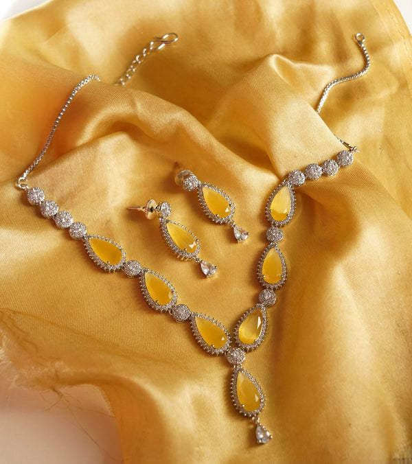 Yellow Sapphire Necklace Set | 18K White Gold Plated Jewelry | Teardrop Yellow Sapphire & Cubic Zirconia Bridal Necklace with Earrings