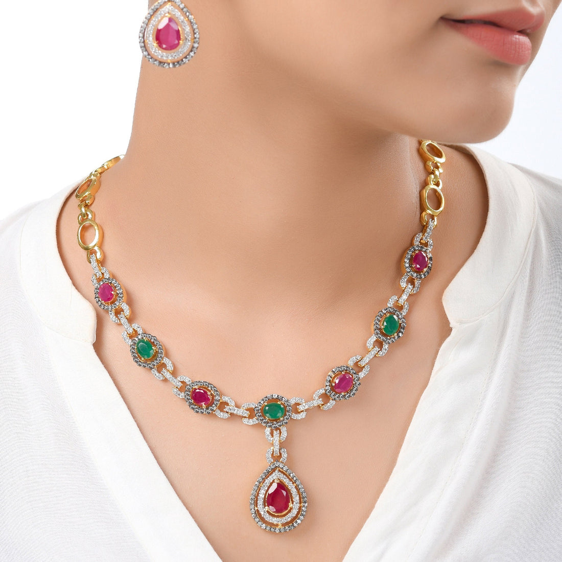 Ruby Emerald Gold Plated Necklace Set | Antique Style Bridal Wedding Jewelry | Traditional Indian CZ Necklace & Earrings Set |Gift for Women