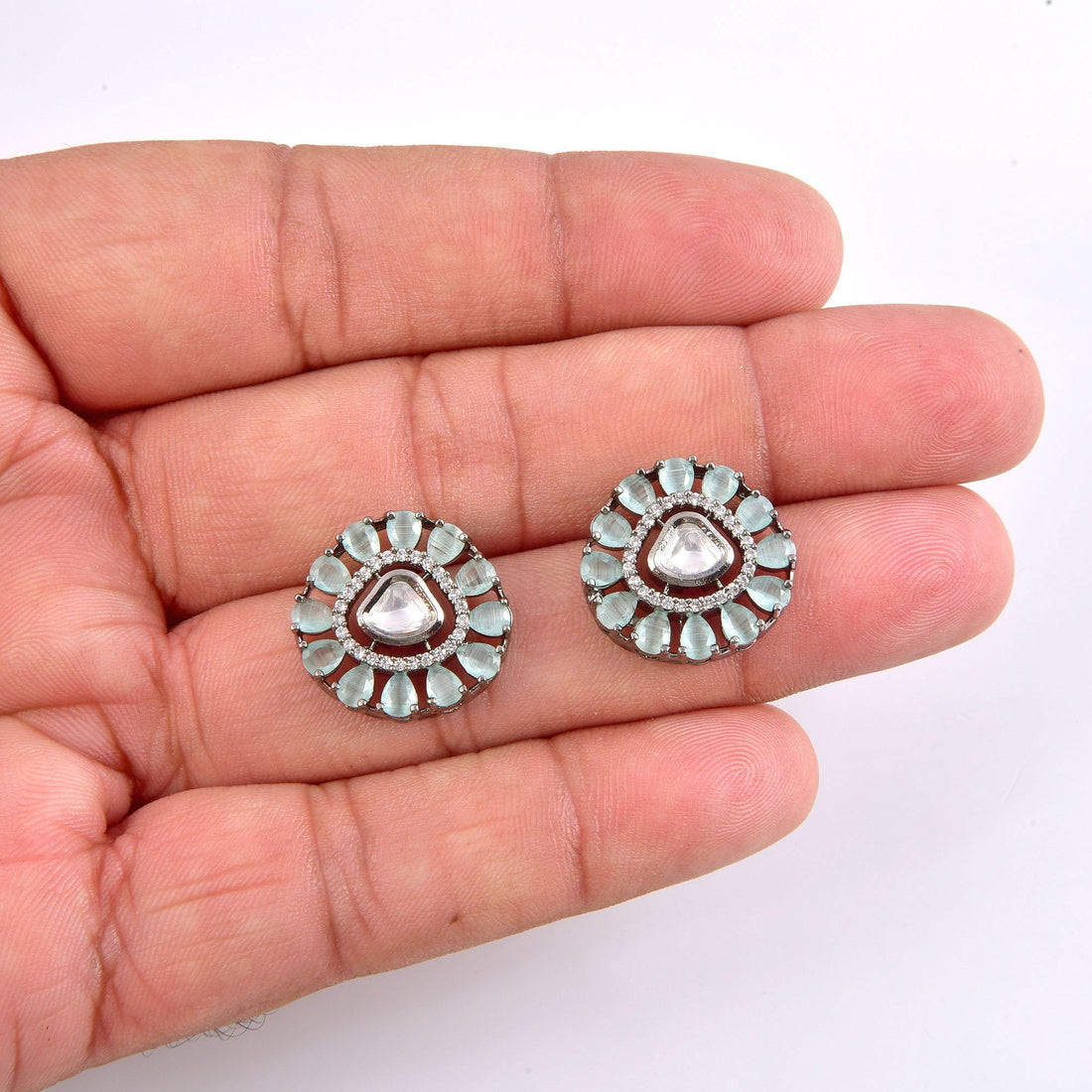 Antique Black Polish Stud Earrings | Orange CZ Victorian Design | Bridal Wedding Jewelry | Vintage Statement Earrings | Ethnic Gift for Her — 6