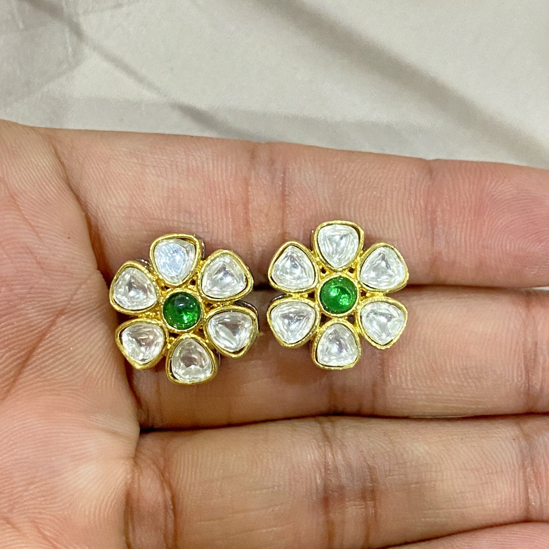 Green Flower Polki Stud Earrings | 22K Gold Plated Kundan Traditional Indian Jewelry | Handmade Ethnic Bridal Wedding Studs | Gift For Her