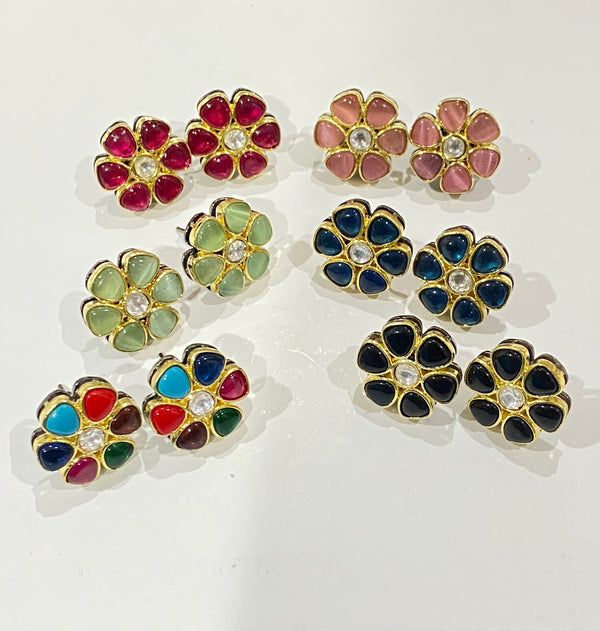 Flower Kundan Stud Earrings: 22k Gold Plated Polki Jewelry