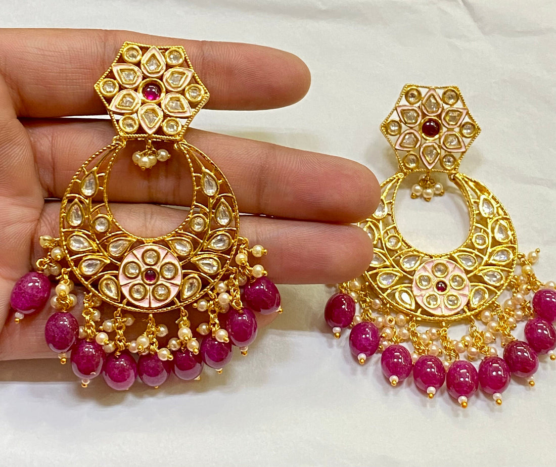 Kundan Earrings: 22k Gold Plated Polki, Ruby Drops, Indian Jewelry — 5