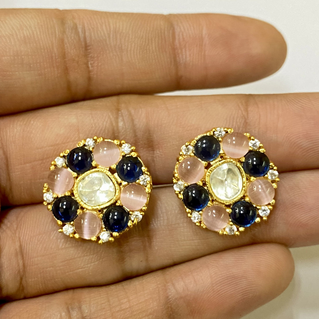 Kundan Polki Floral Stud Earrings | Gold Plated Round Stone Studs| Statement Indian Jewelry | Festive Wedding Earrings | Gift For Her — 2