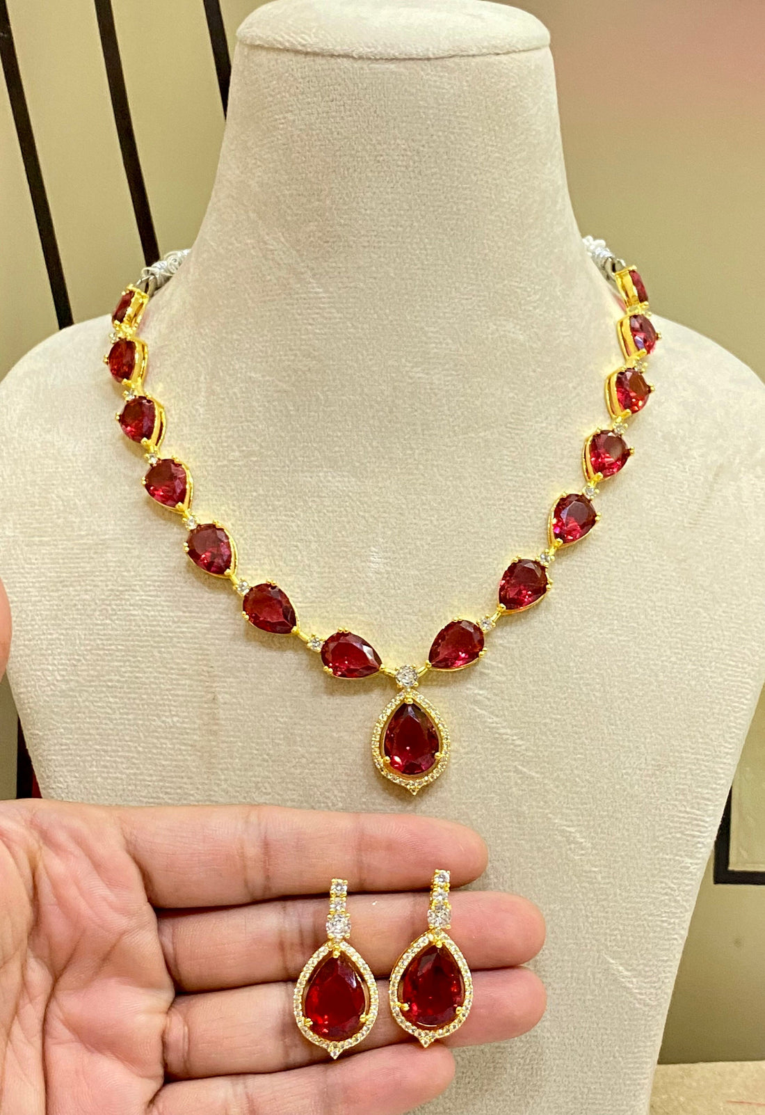Gold plated Ruby Teardrop Necklace , Dainty Statment Jewelry, Ruby layout Necklace