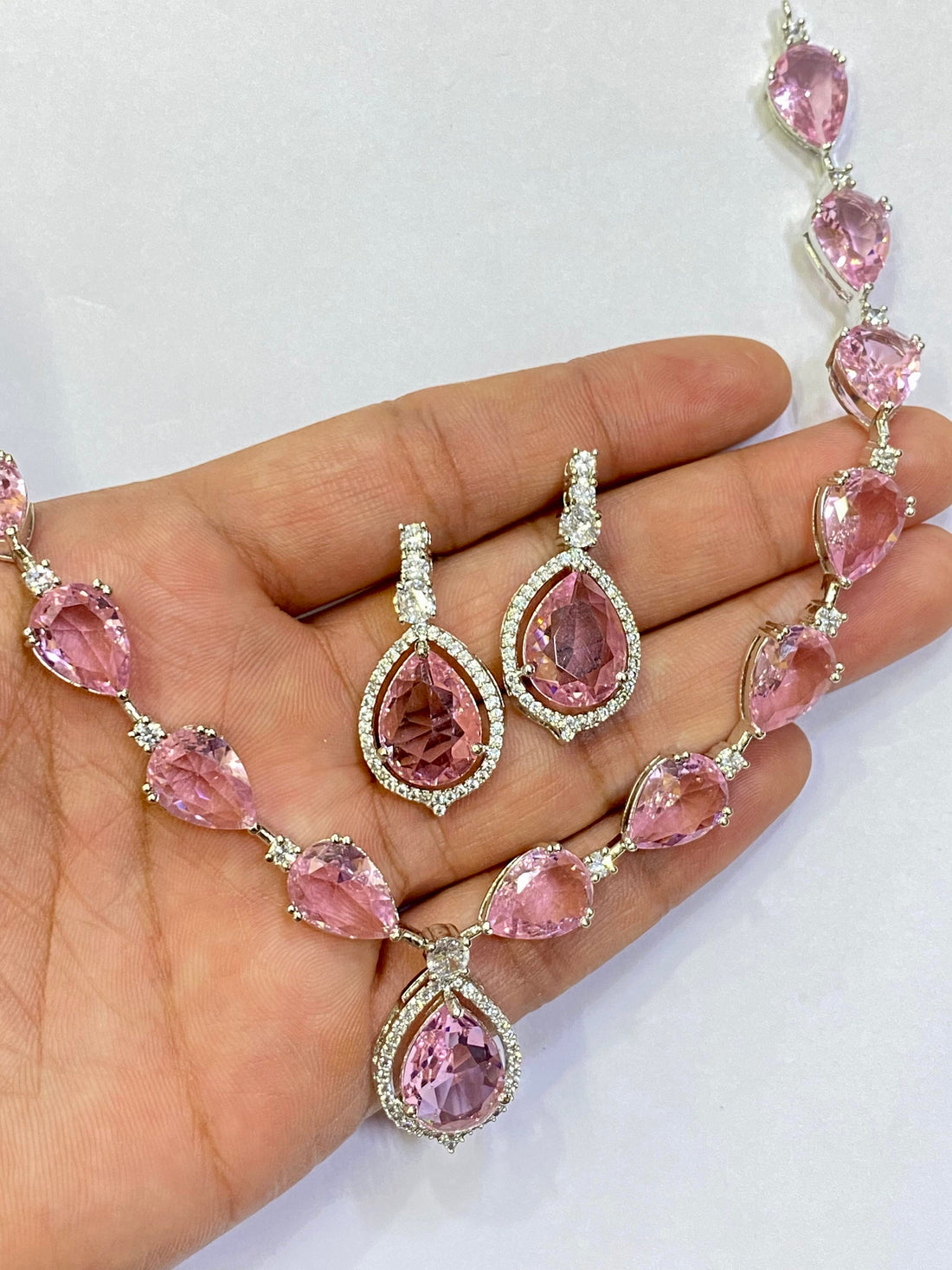 Morganite Necklace | White Gold Plated Pink Cubic Zirconia Pendant | Bridal Wedding Jewelry | Elegant Statement Necklace | Gift for Her — 3