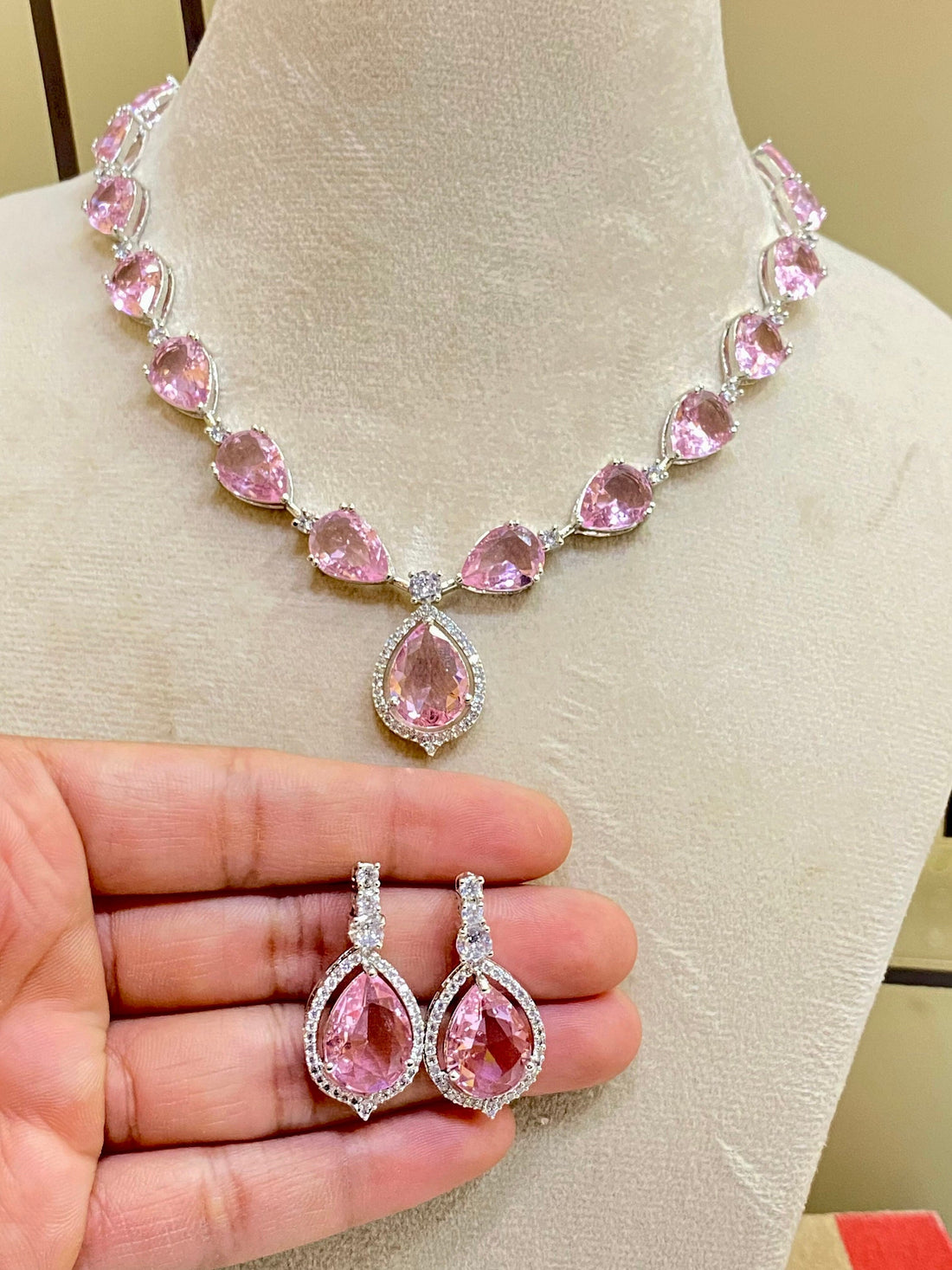 Morganite Necklace | White Gold Plated Pink Cubic Zirconia Pendant | Bridal Wedding Jewelry | Elegant Statement Necklace | Gift for Her — 2