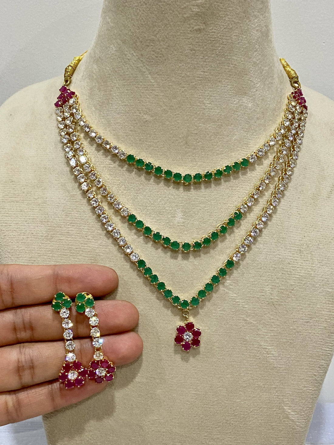 22K Gold Plated Ruby & Emerald CZ Necklace Earrings Set | Layered Big Stone Bridal Tennis Jewelry | Gift For Her | Indian Bridal Jewelry — 6