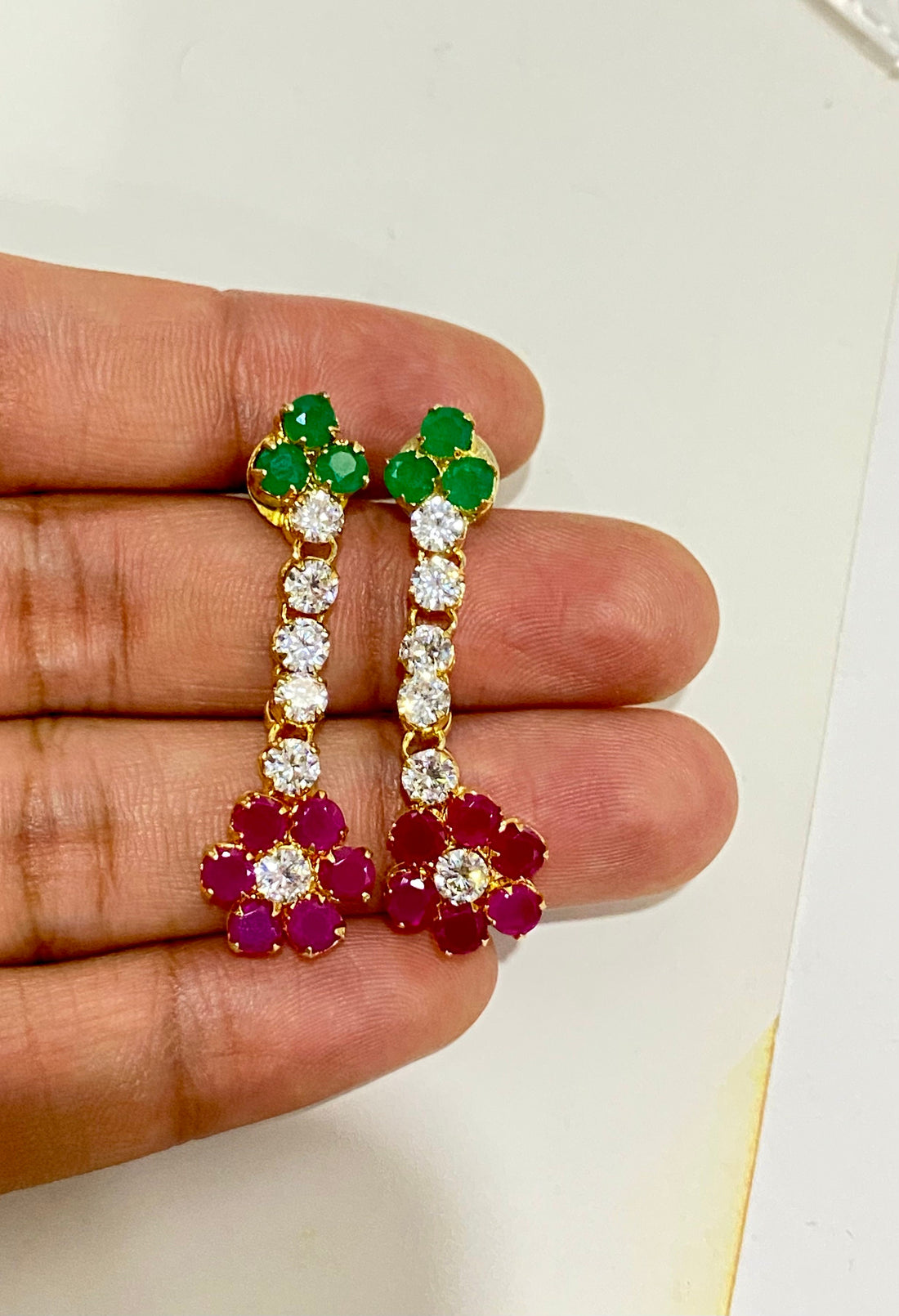 22K Gold Plated Ruby & Emerald CZ Necklace Earrings Set | Layered Big Stone Bridal Tennis Jewelry | Gift For Her | Indian Bridal Jewelry — 8